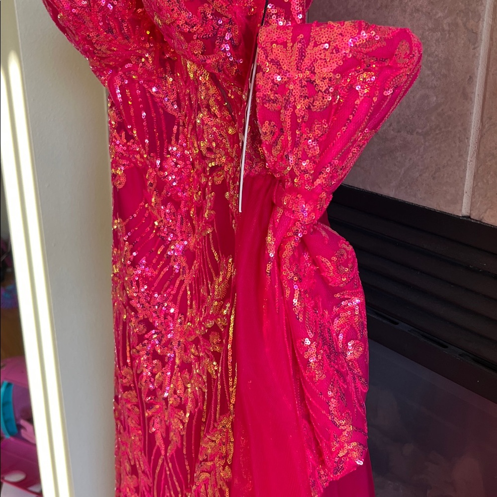 Fuchsia Sequin One Shoulder Gown 39384 - Picture 7 of 11